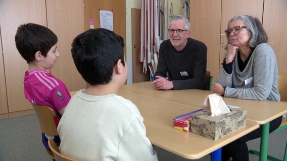 Kinder sitzen mit Erwachsenen an einem Tisch in einem Gespräch Kinder sitzen mit Erwachsenen an einem Tisch in einem Gespräch © NDR Foto: NDR Screenshot