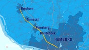 Eine Karte mit dem geplanten Radschnellweg von Pinneberg über Halstenbek bis Hamburg © NDR 