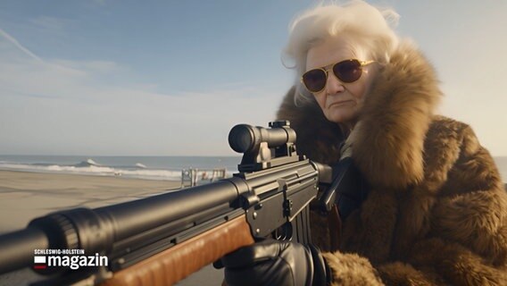Ein von einer künstlichen Intelligenz erzeugtes Bild zeigt eine ältere Dame mit einem Scharfschützengewehr an einem Strand. © NDR Foto: NDR Screenshot