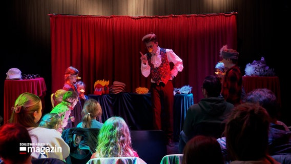 Ein Mann in einer Verkleidung steht auf einer Theater-Bühne und animiert Kinder dazu auf der Bühne mitzuspielen. © NDR Foto: NDR Screenshot