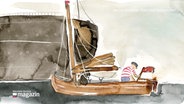 Ein Bild aus dem Comic "Aale und Gespenster" von Marius Schmidt: Ein Fischer auf einem Segelboot © NDR Foto: NDR Screenshot