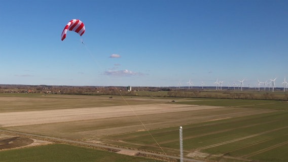 Höhenwindanlage von Skysails in Klixbüll: Ein großer Lenkdrachen schwebt über der Bodenstation mit Seilwinde. © SkySails Power Foto: SkySails Power