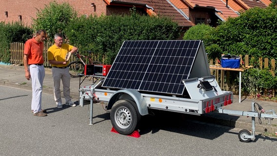 Zwei Männer blicken auf ein Solar-Panel, dass auf einem Anhänger steht. © NDR Foto: Lena Haamann