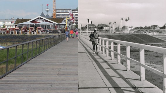 Bildausschnitte der Brücke in St. Peter-Ording früher (r) und heute (l). © Gemeindearchiv St. Peter-Ording 