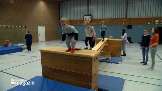 Eine Kindergruppe spielt in einer Turnhalle. © NDR 