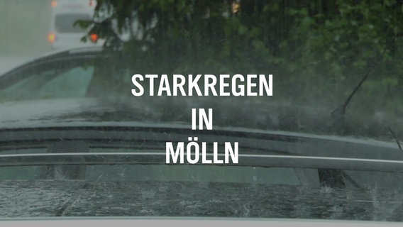 Auf ein Autodach fällt regen, davor eine Texttafel mit der Aufschrift "Starkregen in Mölln" © NDR Foto: NDR Screenshot