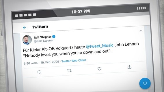 Ralf Stegner twittert am 19. Februar 2009: "Für Kieler Alt-OB Volquartz heute @tweet_Music John Lennon "Nobody loves you when you're down and out". © Hintergrund: Fotolia.com 