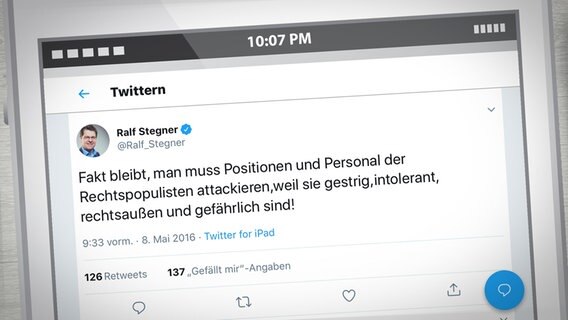 Ralf Stegner twittert am 8. Mai 2016: "Fakt bleibt, man muss Positionen und Personal der Rechtspopulisten attackieren,weil sie gestrig, intolerant, rechtsaußen und gefährlich sind!" © Hintergrund: Fotolia.com 