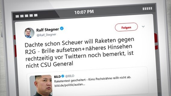 Ralf Stegner twittert am 20. Oktober 2016: "Dachte schon Scheuer will Raketen gegen R2G - Brille aufsetzen+näheres Hinsehen rechtzeitig vor Twittern noch bemerkt, ist nicht CSU General" © Hintergrund: Fotolia.com 