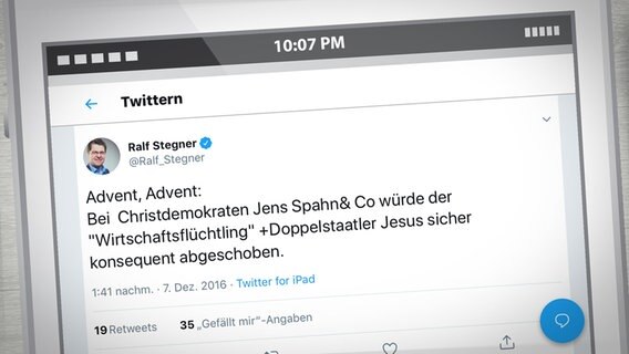 Ralf Stegner twittert am 7. Dezember 2016:  „Advent, Advent: Bei  Christdemokraten Jens Spahn& Co würde der "Wirtschaftsflüchtling" +Doppelstaatler Jesus sicher konsequent abgeschoben.“ © Hintergrund: Fotolia.com 