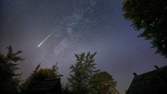 Ein Perseidenmeteor am Nachthimmel. © vhs-Sternwarte Neumünster Foto: Marco A. Ludwig