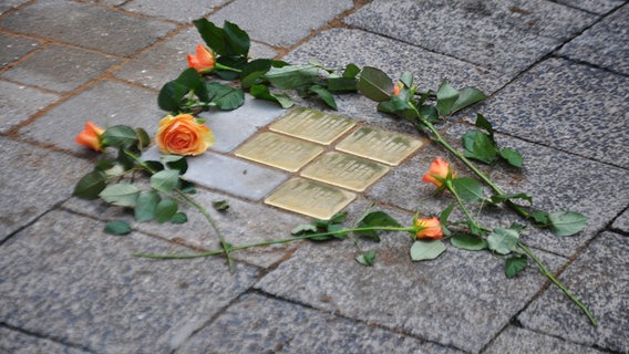 Neben den Stolpersteinen liegen Rosen auf dem Gehweg. © NDR Foto: Rafael Czajkowski