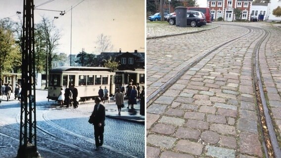Links: eine Aufnahme der Lübecker Straßenbahn am Markt in Schlutup. Rechts: Eine aktuelle Aufnahme zeigt alte Schienen vom gleichen Ort. © Gemeinnütziger Verein Schlutup 