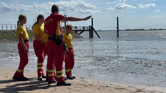 Ein DLRG-Retter steht mit 4 Jugendlichen an einem Strand in Kollmar. Ein DLRG-Retter steht mit 4 Jugendlichen an einem Strand in Kollmar. © NDR Foto: Levin Laske
