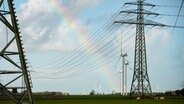 Ein Regenbogen steht zwischen Hochspannungsmasten und Windrädern in Wöhrden. © Jonas Walzberg/dpa Foto: Jonas Walzberg