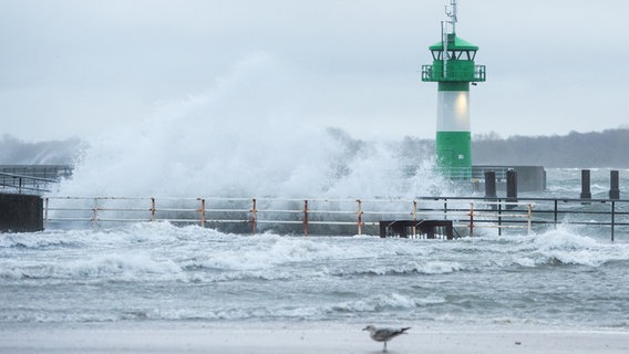 Wellen schlagen während eines Sturms am Strand an der Ostsee an einem Leuchtturm an der Einfahrt zur Trave hoch. © dpa-Bildfunk Foto: Daniel Bockwoldt/dpa