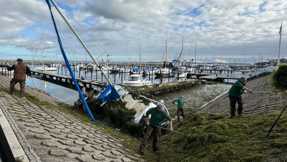 Schilksee: Aufräumarbeiten nach der Sturmflut am Bootshafen. © NDR Foto: Tobias Gellert