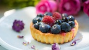 Eine kleine Beeren-Tartelette liegt auf einem Teller dekoriert mit Blumen. © picture alliance / Zoonar Foto: Judith Kiener