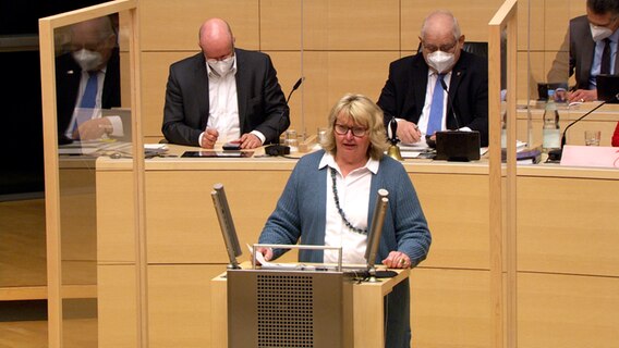Jette Waldinger Thiering (SSW) am Pult im Plenarsaal des Landeshauses in Kiel. © NDR 