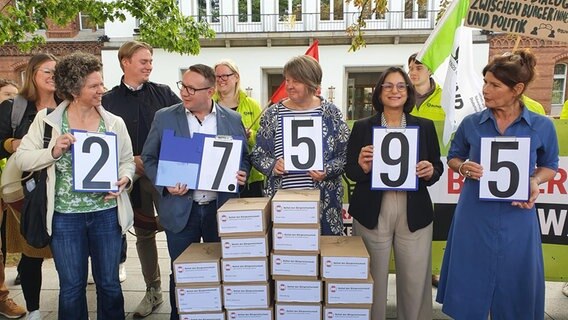 Die Volksinitiative "Rettet den Bürgerentscheid!" übergibt 27.595 Unterschriften vor dem Kieler Landtag. © NDR Foto: Carsten Salzwedel