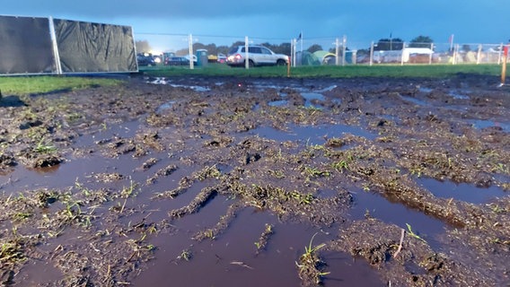 Eine als Zeltplatz vorgesehene Grasfläche in Wacken steht unter Wasser, es sind Autospuren im Schlamm zu erkennen. © NDR Foto: Laura Albus