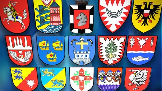 Wappen der Kreise und kreisfreien Städte Schleswig-Holsteins vor dem Bild einer Wahlurne © NDR/AP [M] 