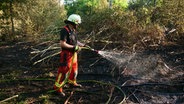 Ein Feuerwehrmann löscht mit einem Schlauch ein Glutnest in einem Wald bei Mielkendorf. © Daniel Friederichs 
