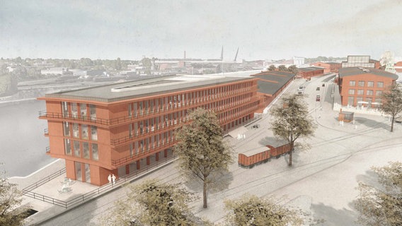 Eine Visualisierung zeigt ein Bürogebäude auf der Nördlichen Wallhablbinsel in Lübeck. © Riemann Architekten, Lübeck 