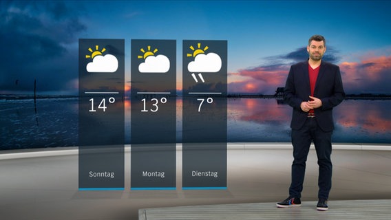 NDR Moderator Sebastian Wache steht im Studio mit der Wettervorhersage. © NDR 