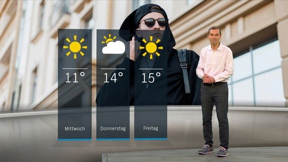 NDR Moderator Meeno Schrader steht im Studio mit der Wettervorhersage. © NDR 