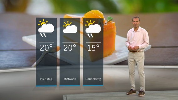 NDR Moderator Meeno Schrader steht im Studio mit der Wettervorhersage. © NDR 