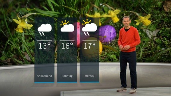 NDR Moderator Meeno Schrader steht im Studio mit der Wettervorhersage. © NDR 