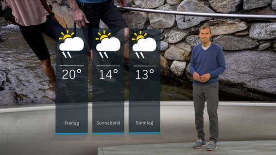 NDR Moderator Meeno Schrader steht im Studio mit der Wettervorhersage. © NDR 