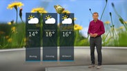 NDR Moderator Meeno Schrader steht im Studio mit der Wettervorhersage. © NDR 
