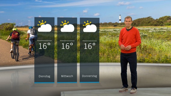 NDR Moderator Meeno Schrader steht im Studio mit der Wettervorhersage. © NDR 