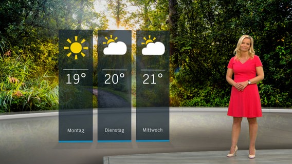 Wettermoderatorin Maike Jäger steht im Studio mit der Wettervorhersage. © NDR 