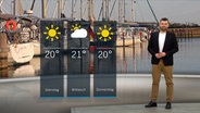 Wetterexperte Sebastian Wache steht im Studio mit der Wettervorhersage. © NDR 