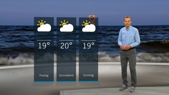 NDR Moderator Meeno Schrader steht im Studio mit der Wettervorhersage. © NDR 