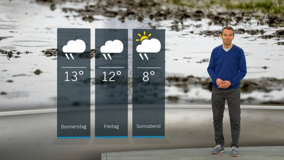 NDR Moderator Meeno Schrader steht im Studio mit der Wettervorhersage © NDR 