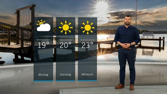 Wetterexperte Sebastian Wache steht im Studio mit der Wettervorhersage. © NDR 