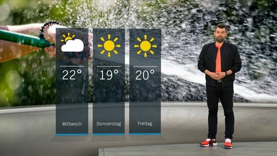 Wetterexperte Sebastian Wache steht im Studio mit der Wettervorhersage. © NDR 