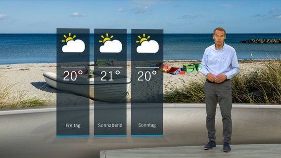 NDR Moderator Meeno Schrader steht im Studio mit der Wettervorhersage. © NDR 