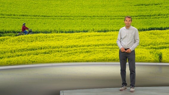 NDR Moderator Meeno Schrader steht im Studio mit der Wettervorhersage. © NDR 