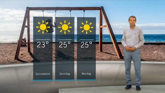 NDR Moderator Meeno Schrader steht im Studio mit der Wettervorhersage. © NDR 
