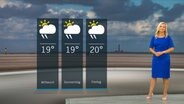 NDR Schleswig-Holstein Moderatorin Maike Jäger steht im Studio mit der Wettervorhersage. © NDR Foto: NDR Screenshot