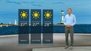 Wetterexperte Meeno Schrader steht im Studio mit der Wettervorhersage. © NDR 
