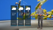 Wetterexperte Meeno Schrader steht im Studio mit der Wettervorhersage. © NDR 