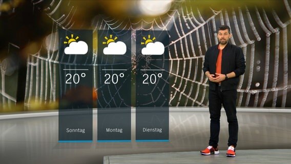 Wetterexperte Sebastian Wache steht im Studio mit der Wettervorhersage. © NDR 