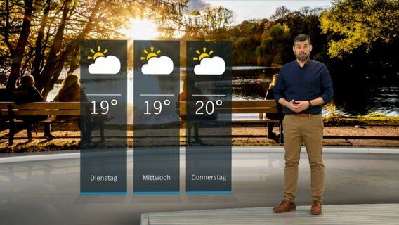 Wetterexperte Sebastian Wache steht im Studio mit der Wettervorhersage. © NDR 