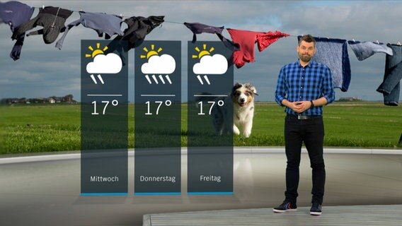 Wetterexperte Sebastian Wache steht im Studio mit der Wettervorhersage. © NDR 